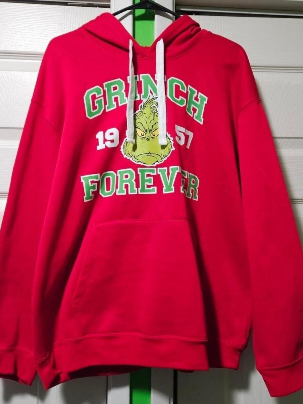 Women’s Red Crewneck Hoodie — Grinch Forever Graphic